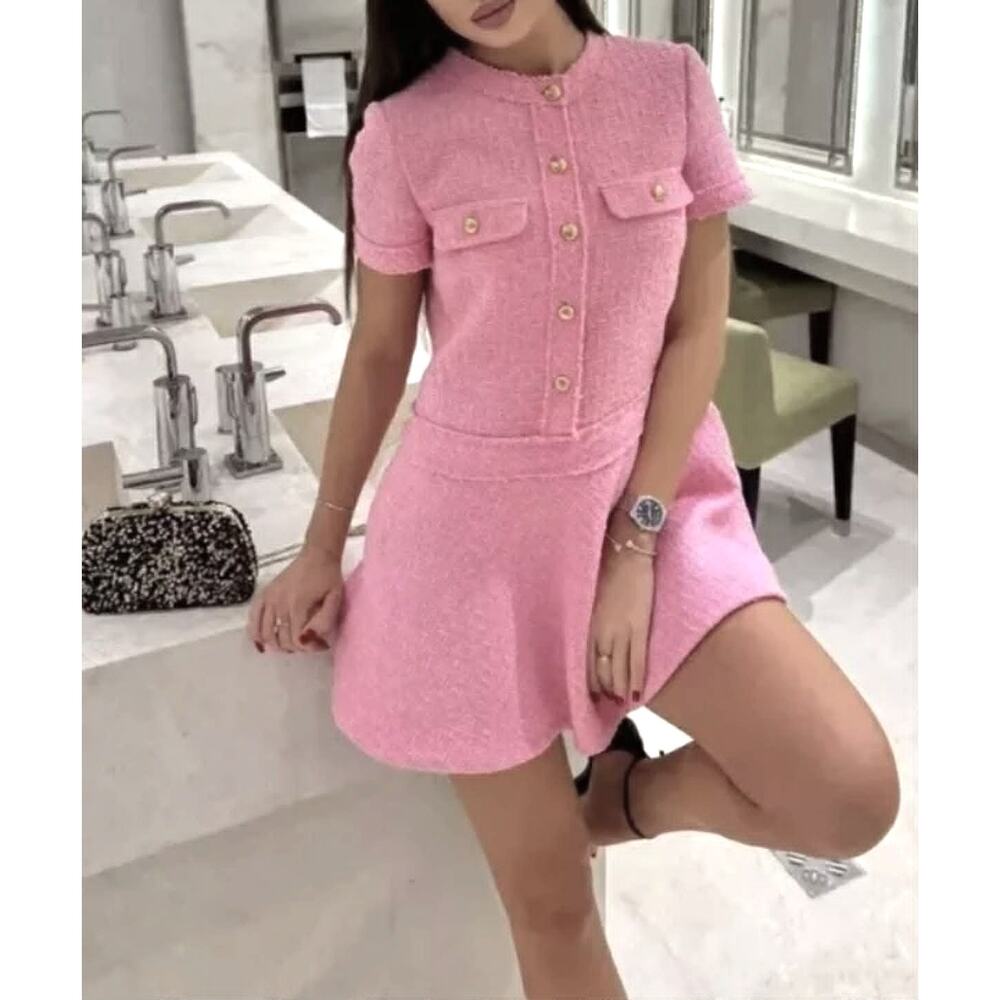 Zara Pink Tweed Drop Waist Mini Dress Gold Buttons Pockets M SOLD OUT on Website